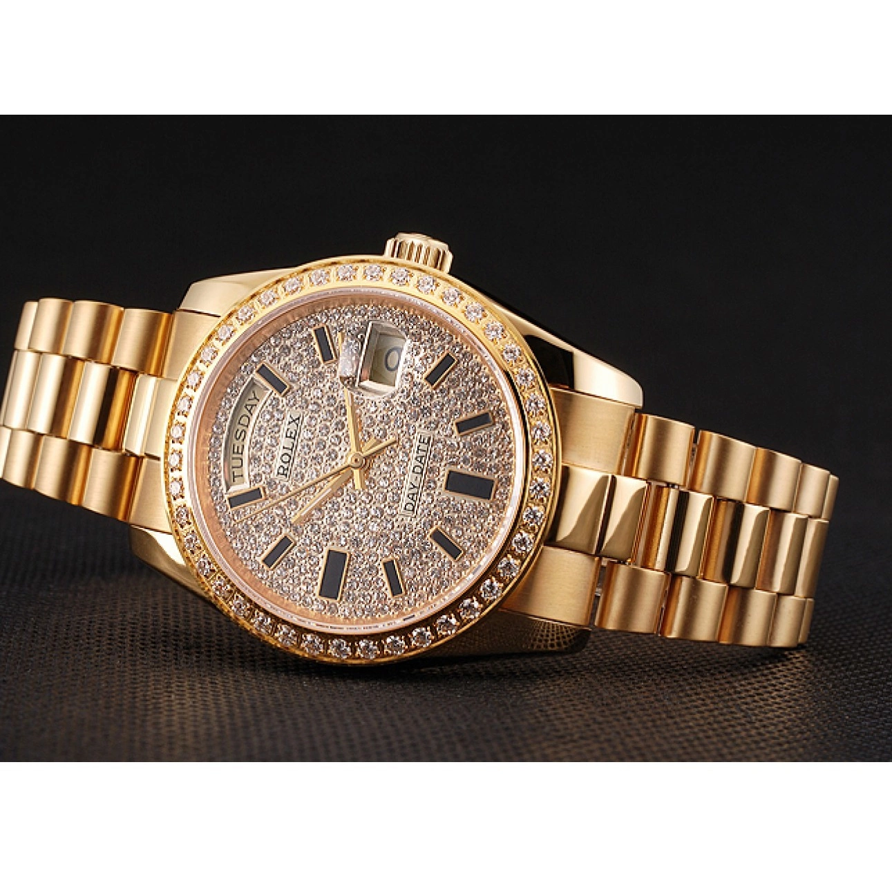 AAA replica watch And Pave Diamond Swiss And Day Bracelet Case Bezel Gold Dial Date Rolex 0824